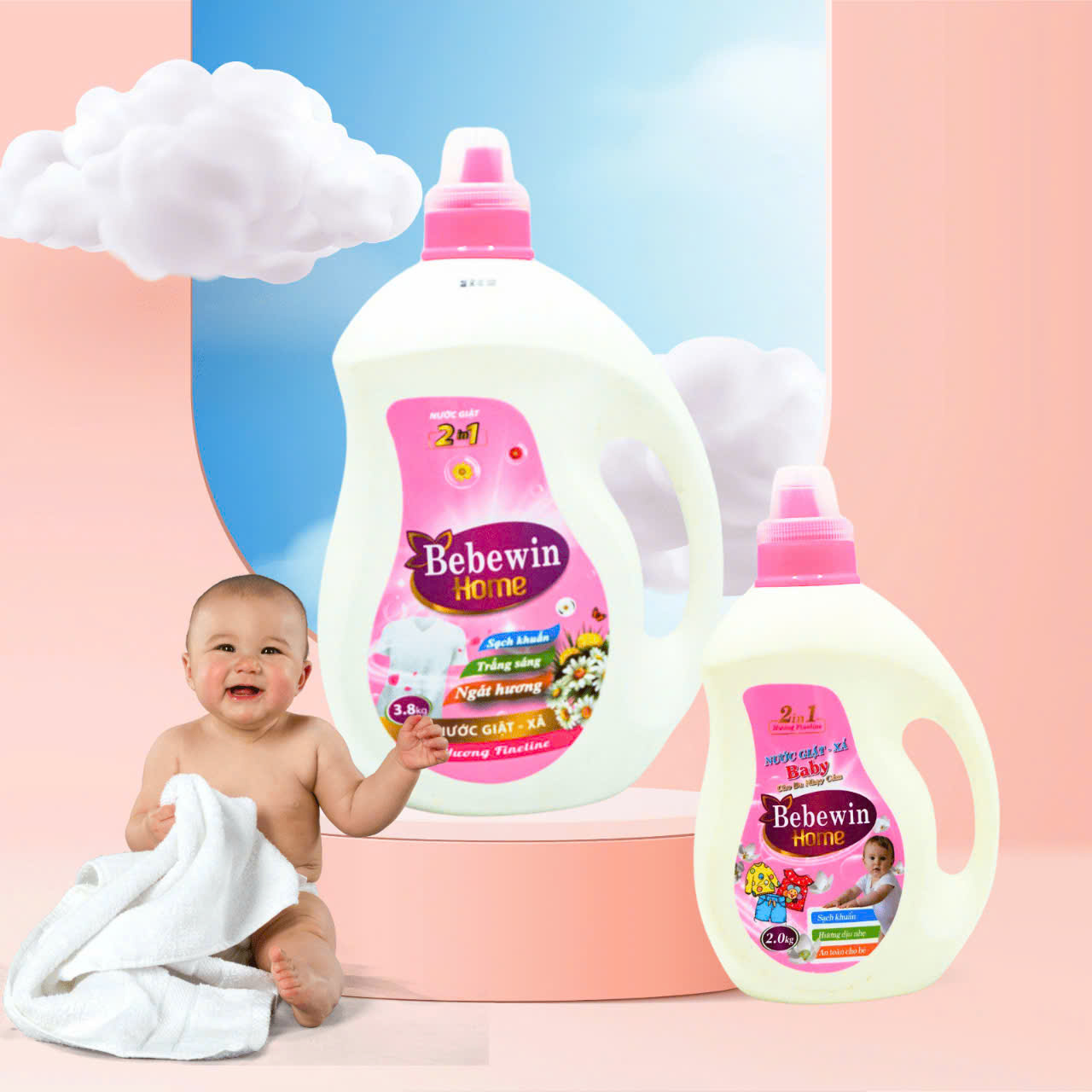 Ad banner for Bebewin Home laundry detergent 3.8kg and 2kg.